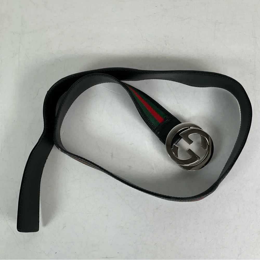 Gucci Web Green/Red Canvas Silver Interlocking G Buckle Belt 100/40
